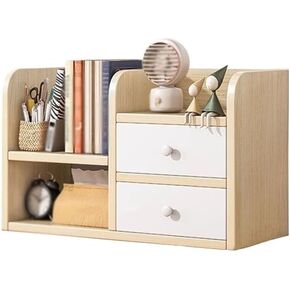 Desktop Bookshelf Desktop Bookshelf with 2 Drawers, Synthetic Board Desk Shelves, Freestanding Home and Office Supplies Storage Display Shelf Desk Tidy Organiser Small Bookshelf in Saudi Arabia