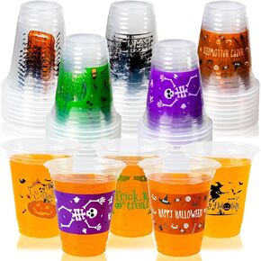 GuassLee 50 Pack Disposable Halloween Cups - Clear 12Oz Disposable Plastic Cups Set with 5 Styles Patterns for Kids Adults Halloween Party Favors Coffee Wine Hot Cold Drinks in Kuwait