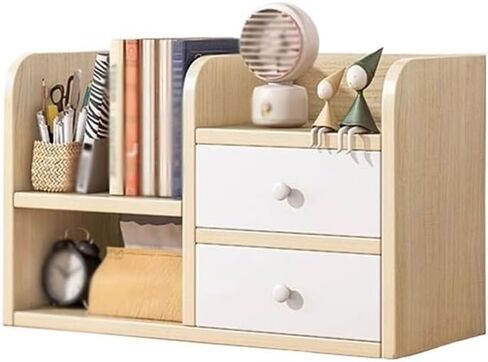 Desktop Bookshelf Desktop Bookshelf with 2 Drawers, Synthetic Board Desk Shelves, Freestanding Home and Office Supplies Storage Display Shelf Desk Tidy Organiser Small Bookshelf in Saudi Arabia