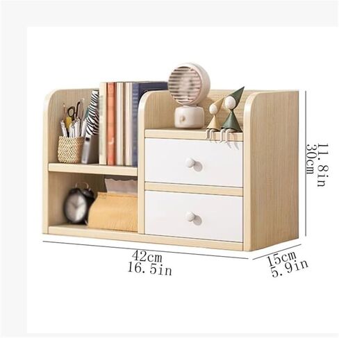 Desktop Bookshelf Desktop Bookshelf with 2 Drawers, Synthetic Board Desk Shelves, Freestanding Home and Office Supplies Storage Display Shelf Desk Tidy Organiser Small Bookshelf in Saudi Arabia