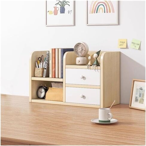Desktop Bookshelf Desktop Bookshelf with 2 Drawers, Synthetic Board Desk Shelves, Freestanding Home and Office Supplies Storage Display Shelf Desk Tidy Organiser Small Bookshelf in Saudi Arabia