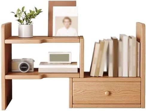Desktop Bookshelf Retractable Wooden Freestanding Bookshelf with Drawers, Rotate 90 Degrees Pine Wood Desktop Organizer, for Living Room Kitchen Office Study Small Bookshelf in Saudi Arabia