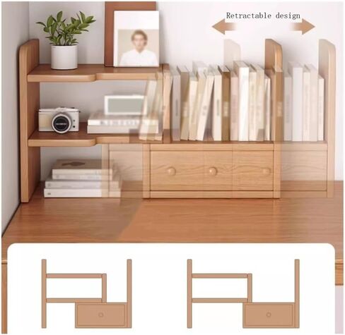 Desktop Bookshelf Retractable Wooden Freestanding Bookshelf with Drawers, Rotate 90 Degrees Pine Wood Desktop Organizer, for Living Room Kitchen Office Study Small Bookshelf in Saudi Arabia