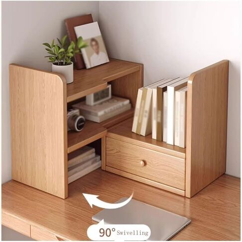 Desktop Bookshelf Retractable Wooden Freestanding Bookshelf with Drawers, Rotate 90 Degrees Pine Wood Desktop Organizer, for Living Room Kitchen Office Study Small Bookshelf in Saudi Arabia