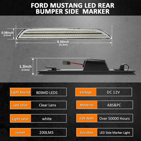 إكسسوارات مصابيح LED للعلامات الجانبية الخلفية من Bestview لسيارة Ford Mustang 2015-2022، مجموعة مصابيح جانبية للمصد الخلفي باللون الأبيض، عدسات شفافة (قطعتان) in Kuwait