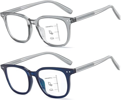 Missfive 2-Pack Light Multifocus نظارات القراءة التقدمية حجب الضوء الأزرق، مفصلات زنبركية متعددة البؤر للرجال بدون خط جودة قارئ ثلاثي البؤر نظارات مريحة (مساحة عمل للمدى القريب، 2.25x) in Kuwait