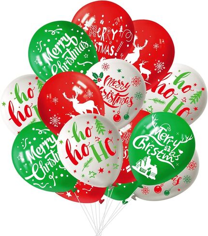 FEPITO 100Pcs Christmas Party Balloon 12 Inch White, Red, Green Latex Balloons, 6 Merry Xmas Style for Christmas Decoration Party Supplies in Saudi Arabia