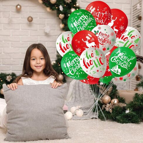 FEPITO 100Pcs Christmas Party Balloon 12 Inch White, Red, Green Latex Balloons, 6 Merry Xmas Style for Christmas Decoration Party Supplies in Saudi Arabia