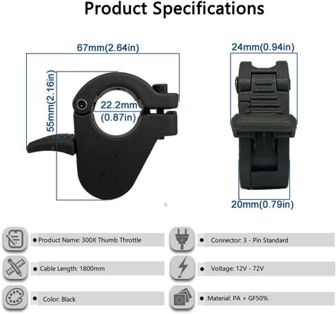 Ebike Thumb Throttle، 12V 24V 36V 48V 60V 72V 3 Pin SM Plug Ebike Throttle for 22mm المقاود، 300X مسرع السرعة اليسرى واليمنى، استبدال مقود السكوتر الكهربائي للدراجات البخارية الإلكترونية in Kuwait