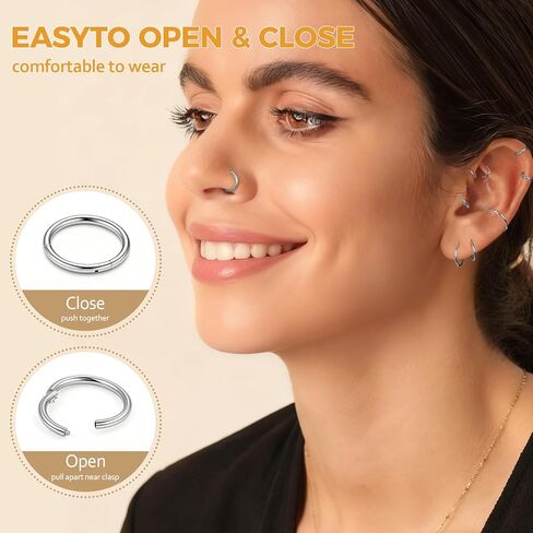 Afftiny Nose Ring Septum Hoop 20G/18G/16G/14G/12G 316L Surgical Stainless Steel Hinged Seamless Earrings, Diameter 5MM-16MM, Gold/Silver/Black/Rose Gold/Rainbow Color in Kuwait