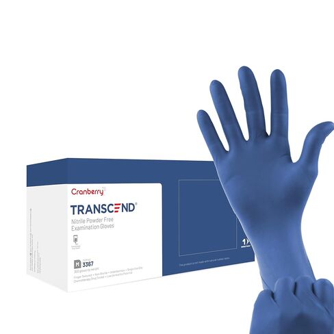 قفازات امتحان النتريل الزرقاء غير اللامعة من Cranberry Transcend، عبوة من 300 قطعة، متوسطة، مقاومة للفنتانيل، تم اختبارها بواسطة الأدوية الكيميائية، احتمالية منخفضة لالتهاب الجلد، 2.5 مل in Kuwait