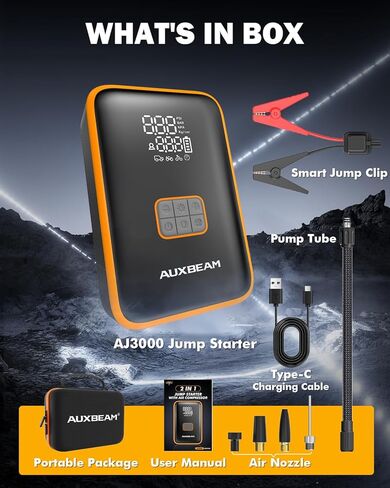 Auxbeam Jump Starter مع ضاغط هواء، صندوق توصيل 3500 أمبير لبطارية السيارة المحمولة (8 غاز/4.0 لتر ديزل) مع منفاخ إطارات للإغلاق التلقائي بقوة 150 رطل لكل بوصة مربعة، حزمة قفز بطارية 12 فولت للمركبة المدمجة in Saudi Arabia