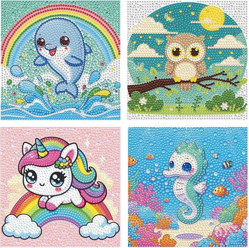 Diamond Painting Kits for Kids Beginner - 4 Pack DIY 5D Full Drill Diamond Art Kits for Children, Cute Animals Round Crystal Rhinestone Gem Art Crafts Home Wall Art Decor 5.9 x 5.9 Inches in Saudi Arabia