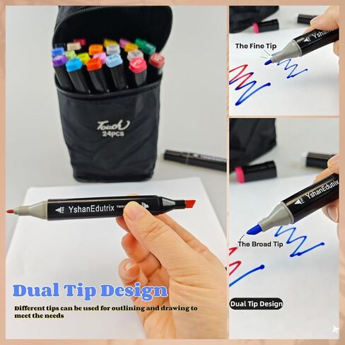 Alcohol Markers 24 Colors Dual Tip Set–Paint Pens for Coloring Books, Permanent Markers for Kids and Adults Drawing, Professional Art Design Kit in Saudi Arabia