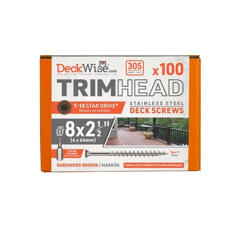 DeckWise #8x2-1/2" Stainless Steel Trim-Head Deck Screws, Hardwood Brown, T15 Head, Covers 50 Sq. Ft. of Decking (100 Pack) in Kuwait