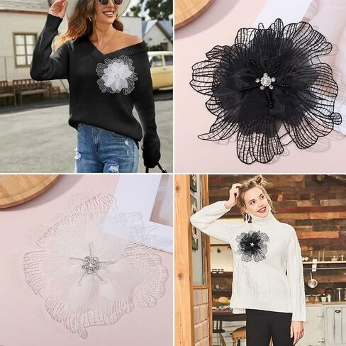 Flower Lace Patches Cloth Fabric Multilayer Floral Patches Appliques Handmade Flower Patches for Clothing(Black) in Saudi Arabia