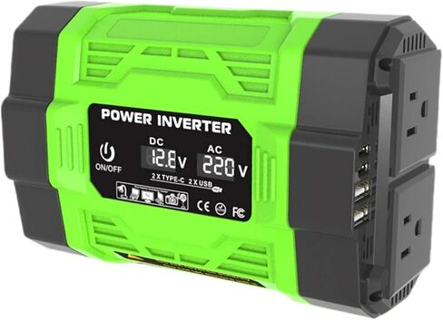 محول طاقة السيارة، محول تيار متردد من 12 فولت إلى 110 فولت، منافذ USB وType C مزدوجة، صغير الحجم 6.5 × 4.3 بوصة، أخضر/أسود in Saudi Arabia