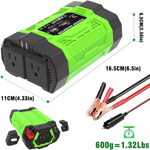 محول طاقة السيارة، محول تيار متردد من 12 فولت إلى 110 فولت، منافذ USB وType C مزدوجة، صغير الحجم 6.5 × 4.3 بوصة، أخضر/أسود in Saudi Arabia