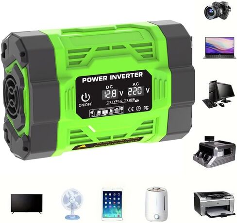 محول طاقة السيارة، محول تيار متردد من 12 فولت إلى 110 فولت، منافذ USB وType C مزدوجة، صغير الحجم 6.5 × 4.3 بوصة، أخضر/أسود in Saudi Arabia