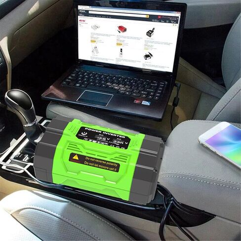 محول طاقة السيارة، محول تيار متردد من 12 فولت إلى 110 فولت، منافذ USB وType C مزدوجة، صغير الحجم 6.5 × 4.3 بوصة، أخضر/أسود in Saudi Arabia
