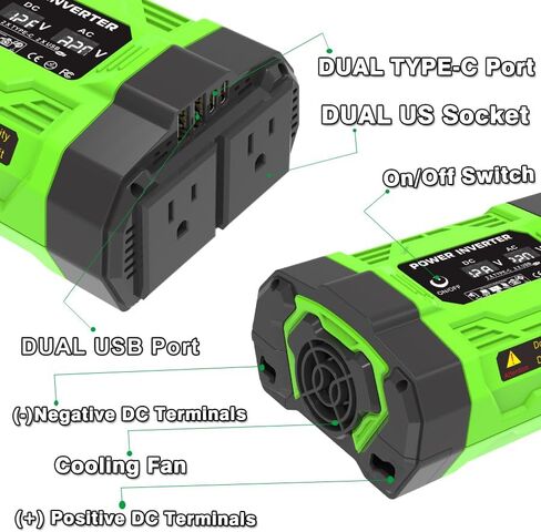 محول طاقة السيارة، محول تيار متردد من 12 فولت إلى 110 فولت، منافذ USB وType C مزدوجة، صغير الحجم 6.5 × 4.3 بوصة، أخضر/أسود in Saudi Arabia