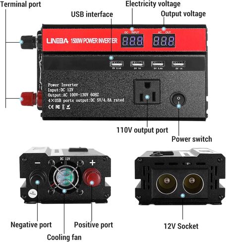 5000W Inverter Car Power Inverter, DC 12V to AC 110V Portable ​Charger Converter for Vehicles with LED Display, AC Outlets, 4 USB Ports for Camping Outdoor Car Yacht RV in Saudi Arabia