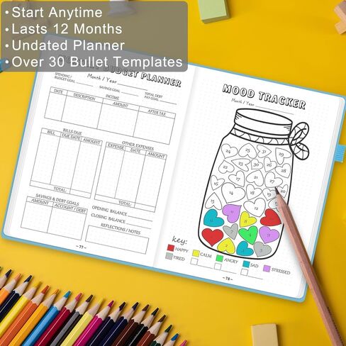 Premade Bullet Style Notebook with Undated Weekly & Monthly Planner, Dotted Journal with Pre-made Bullet Planner Stencils, Dot Grid Journaling with Habits & Mood Tracker, 12 Month Organization, A5 in Saudi Arabia