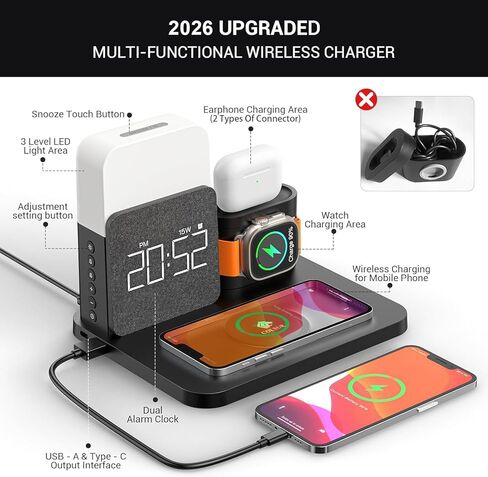 3 in 1 Charging Station for iPhone, Alarm Clock, Night Light, Wireless Charger for iPhone 15 14 13 12 11 X Pro Max & Apple Watch - Charging Stand Dock for AirPods in Saudi Arabia