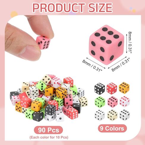 uxcell 90Pcs Mini Dice, 8mm/0.31" Acrylic Tiny Six Side Game Dot Square Dice Bulk for Table Board Game Party Activities, 9 Colors in Saudi Arabia