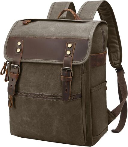 Waxed Canvas Vintage Backpack Casual Genuine Leather Laptop Travel Rucksack for Men Women in Kuwait