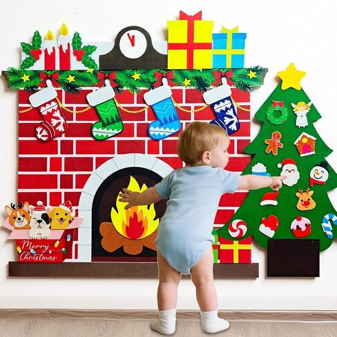 شجرة عيد الميلاد اللباد ومدفأة عيد الميلاد DIY، رف حرفية من اللباد مونتيسوري مع زخارف تخزين عيد الميلاد قابلة للفصل، لعبة لباد جدارية للأنشطة المدرسية لديكور حفلات عيد الميلاد الصغير in Kuwait