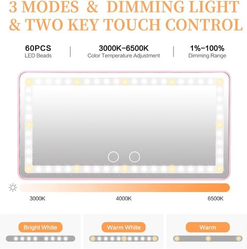 Car Vanity Mirror, Rechargeable Makeup Mirror with 3 Light Modes, 60 LEDs, Dimmable, Clip-on Rear View Sun Visor (Pink) in Saudi Arabia