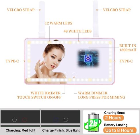 Car Vanity Mirror, Rechargeable Makeup Mirror with 3 Light Modes, 60 LEDs, Dimmable, Clip-on Rear View Sun Visor (Pink) in Saudi Arabia