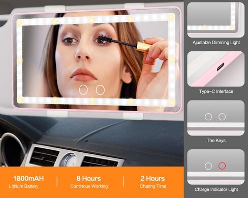 Car Vanity Mirror, Rechargeable Makeup Mirror with 3 Light Modes, 60 LEDs, Dimmable, Clip-on Rear View Sun Visor (Pink) in Saudi Arabia