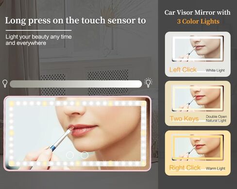 Car Vanity Mirror, Rechargeable Makeup Mirror with 3 Light Modes, 60 LEDs, Dimmable, Clip-on Rear View Sun Visor (Pink) in Saudi Arabia