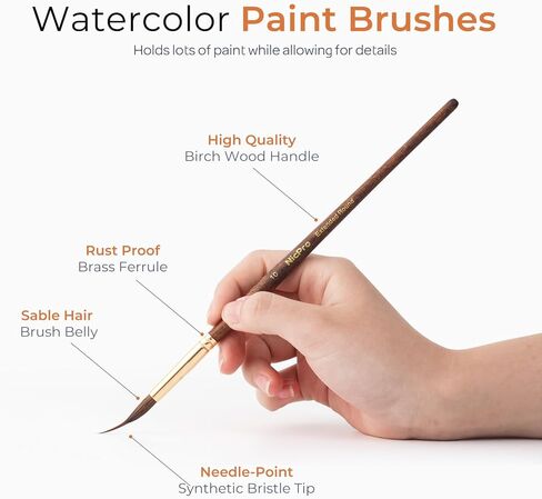 Nicpro 4 PCS Watercolor Brushes Professional, Extended Needle Point Brush Set, Sable Watercolor Brushes with Synthetic Extra Long Tip for Fine Detailing - Watercolor Acrylic Gouache Inks Painting in Saudi Arabia