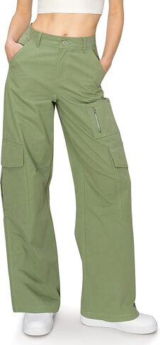 Cali1850 Women’s Parachute Cargo Pants – Low Rise Baggy Fit Wide Leg Multi Pockets Casual Streetwear Trousers in Kuwait