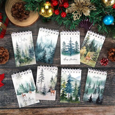 Konsait Christmas Tree Notepads, Watercolor Pine Tree Mini Spiral Notebooks Xmas Note Pads Message Reminder for Christmas Office Supplies Christmas School Party Favors (8 Pieces) in Saudi Arabia