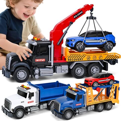 3 Pack 12'' Large Trucks Toy Set,Transport Tow Truck Toy & Dump Trucks and Car Carrier Truck Toys with Lights and Sounds,Friction Powered Movable Parts Kid Boys Toys for 3 4 5 6 7 Years Old in Saudi Arabia
