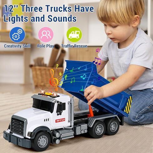 3 Pack 12'' Large Trucks Toy Set,Transport Tow Truck Toy & Dump Trucks and Car Carrier Truck Toys with Lights and Sounds,Friction Powered Movable Parts Kid Boys Toys for 3 4 5 6 7 Years Old in Saudi Arabia
