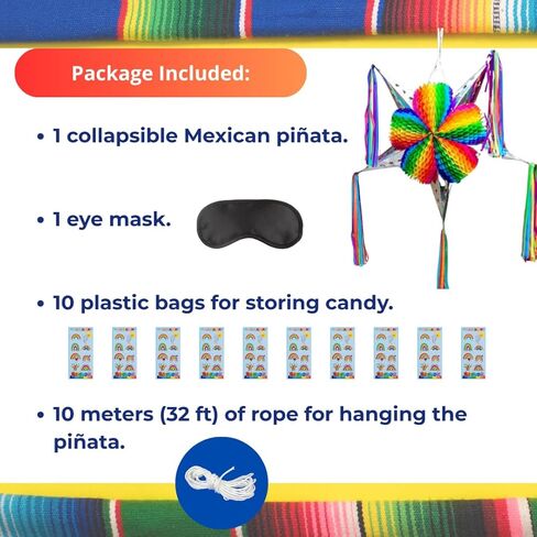 Large 32'' Cinco de Mayo Star Pinata – Foldable Mexican Piñata Kit with Blindfold, Candy Bags & Hanging Rope – 5 de Mayo Decorations – Birthday Party Pinata XL – Handmade in Mexico (Arcoiris) in Kuwait