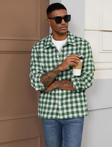 ZAFUL Men's Casual Plaid Fleece Jacket Unisex Men Drawstring Hooded Coat Fuzzy Hoodie in Kuwait