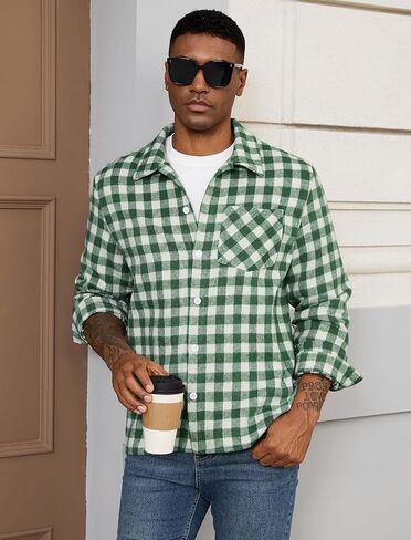 ZAFUL Men's Casual Plaid Fleece Jacket Unisex Men Drawstring Hooded Coat Fuzzy Hoodie in Kuwait