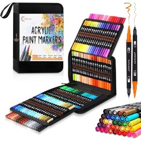 Acrylic Paint Markers Set 120 Colors Dual Tip (3mm Medium + Brush Tip) | Water-Based Acrylic Paint Pens for Glass, Wood, Rock, Canvas, Metal, Fabric, Plastic, Stone | Quick-Dry Paint Markers with Case in Saudi Arabia