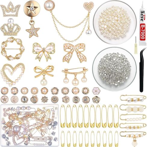 Suncalla 1499 Pcs Junk Socks Charms Kit Gold Brooches and Pins for Women, Pearl Patch Rhinestone Charms with Safety Pins DIY Accessories for Socks Dress Clothes Hats Shoes Scarf Shawl Decoration in Saudi Arabia