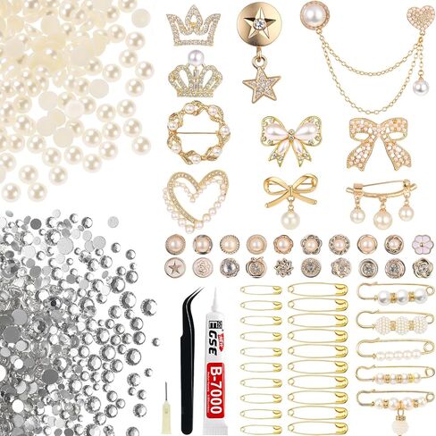 Suncalla 1499 Pcs Junk Socks Charms Kit Gold Brooches and Pins for Women, Pearl Patch Rhinestone Charms with Safety Pins DIY Accessories for Socks Dress Clothes Hats Shoes Scarf Shawl Decoration in Saudi Arabia