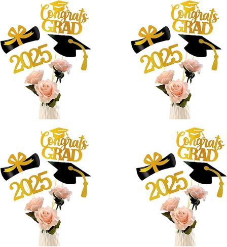 زينة التخرج فئة 2025 مزهرية الطاولة القبعات العالية ديكو. 16 قطعة من لوازم ديكور الحفلات، مجموعات دعائم الصور الكبيرة، ملصقات مركزية للحفلات (ذهبي) in Kuwait