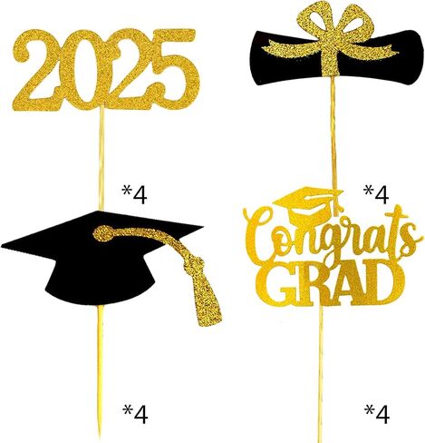 زينة التخرج فئة 2025 مزهرية الطاولة القبعات العالية ديكو. 16 قطعة من لوازم ديكور الحفلات، مجموعات دعائم الصور الكبيرة، ملصقات مركزية للحفلات (ذهبي) in Kuwait