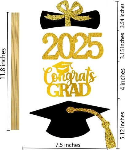 زينة التخرج فئة 2025 مزهرية الطاولة القبعات العالية ديكو. 16 قطعة من لوازم ديكور الحفلات، مجموعات دعائم الصور الكبيرة، ملصقات مركزية للحفلات (ذهبي) in Kuwait