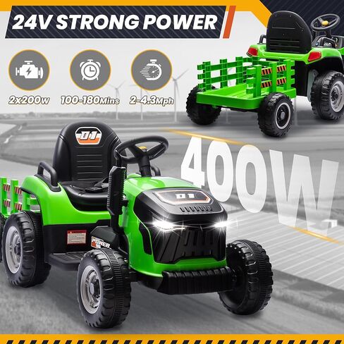 ألعاب ركوب JOYRACER 24 فولت للأطفال، جرار كهربائي مع محركات 400 وات، مقطورة قابلة للإمالة والفصل، مقعد قابل للتعديل، بلوتوث، موسيقى، ألعاب جرار للتحكم عن بعد للأولاد، زمرد in Kuwait